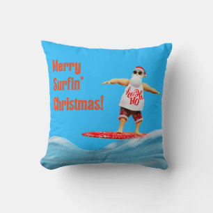 Merry Surfin' Christmas Santa on Surfboard Cushion