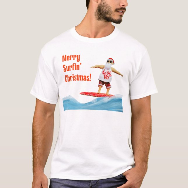Merry Surfin' Christmas Santa on surfboard T-Shirt (Front)