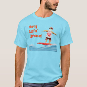 Merry Surfin' Christmas Santa on Surfboard T-Shirt