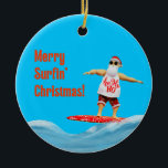 Merry Surfin' Christmas Santa on Surfboard Throw P Ceramic Tree Decoration<br><div class="desc">The Christmas beach vibe with Santa riding the waves. Spend Christmas at the beach you won't forget it.</div>