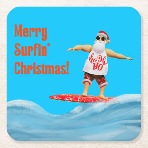 Merry Surfin' Christmas Santa on Surfboard Throw P Square Paper Coaster