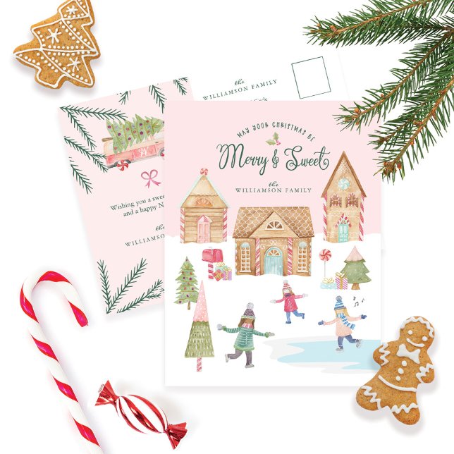 Merry & Sweet Watercolor Gingerbread Candy Village Postcard (Creator Uploaded)