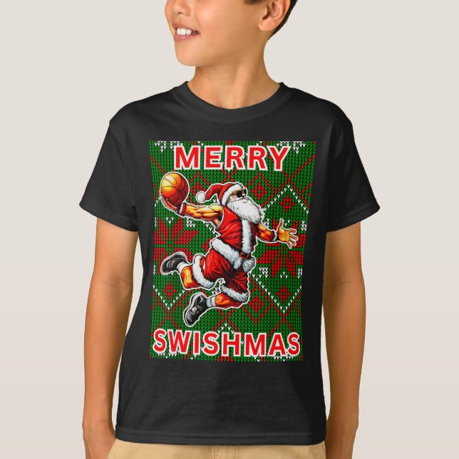 Merry Swishmas Basketball Christmas Santa Claus Sl T-Shirt (Front)