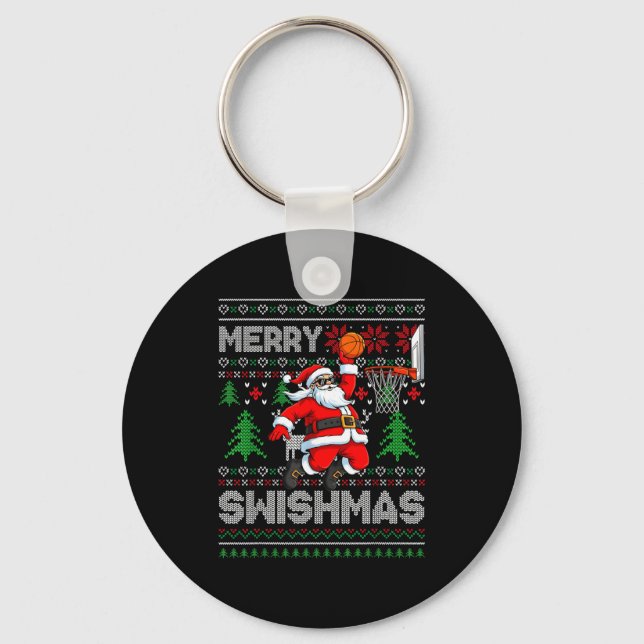 Merry Swishmas Basketball Ugly Christmas Santa Men Key Ring (Front)