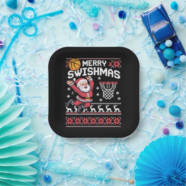 Merry Swishmas Basketball Ugly Christmas Xmas  Paper Plate (Party)