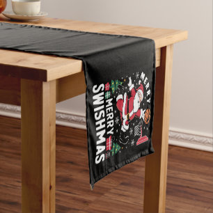 Merry Swishmas Christmas Santa Playing Basketball  Short Table Runner