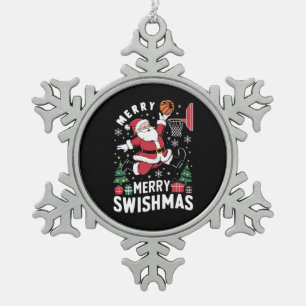 Merry Swishmas Christmas Santa Playing Basketball  Snowflake Pewter Christmas Ornament