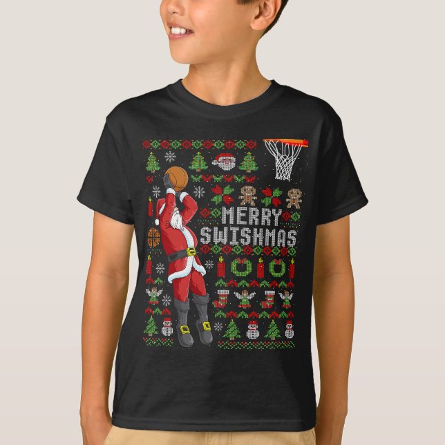 Merry Swishmas Ugly Christmas Basketball Christmas T-Shirt (Front)