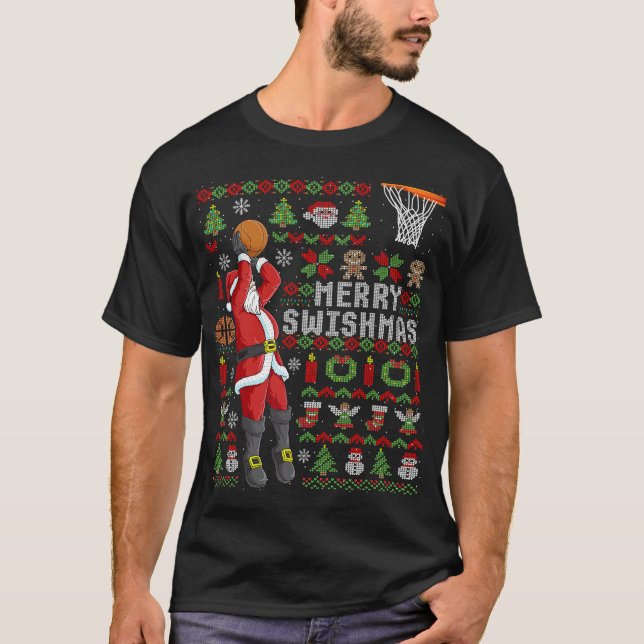Merry Swishmas Ugly Christmas Basketball Christmas T-Shirt (Front)