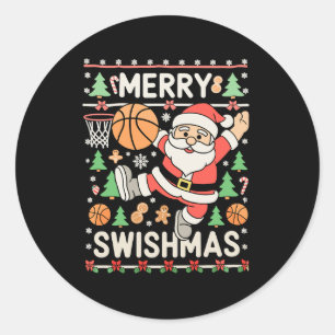 Merry Swishmas Ugly Christmas Basketball Santa Classic Round Sticker