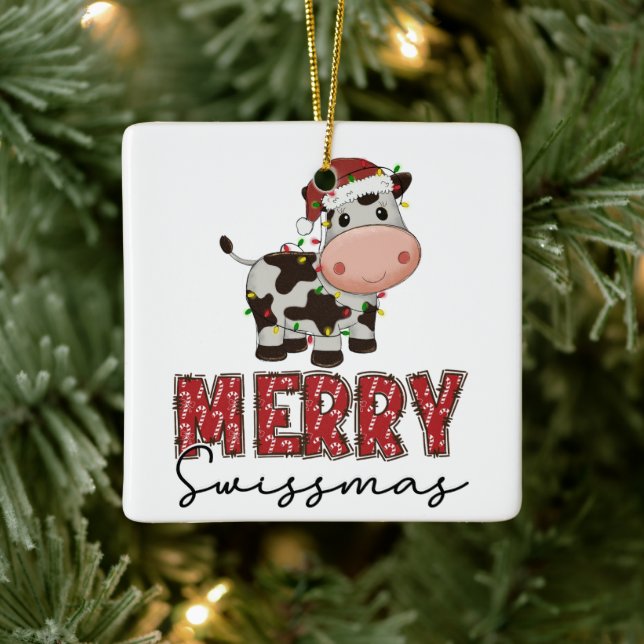 Merry Swissmas. Festive Swiss Cow  Ceramic Ornament (Tree)