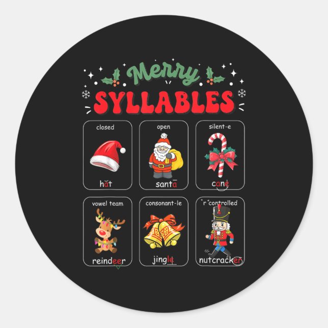 Merry Syllables Xmas Phonics Reading Teacher Holid Classic Round Sticker (Front)