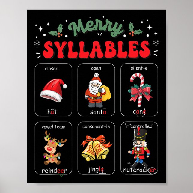 Merry Syllables Xmas Phonics Reading Teacher Holid Poster (Front)