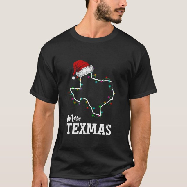 Merry Texmas Texas State Christmas Light Outline S T-Shirt (Front)