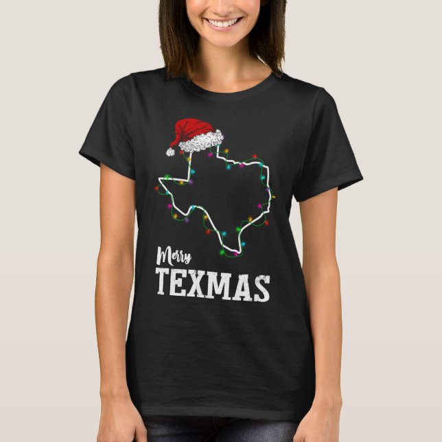 Merry Texmas Texas State Christmas Light Outline S T-Shirt (Front)