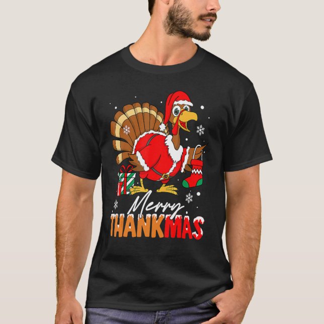 Merry Thankmas Turkey Santa Hat Thanksgiving Chris T-Shirt (Front)