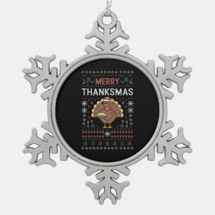 Merry Thanksmas Christmas Thanksgiving Turkey  Snowflake Pewter Christmas Ornament