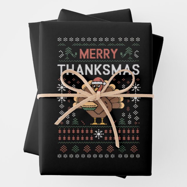 Merry Thanksmas Christmas Thanksgiving Turkey  Wrapping Paper Sheet (In situ)