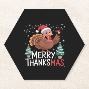 Merry Thanksmas Happy Thanksgiving Santa Turkey Es Paper Coaster