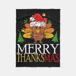 Merry Thanksmas Happy Thanksgiving Santa Turkey Fleece Blanket
