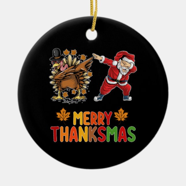 Merry Thanksmas Thanksgiving Fall Christmas Season Ceramic Tree Decoration (Front)