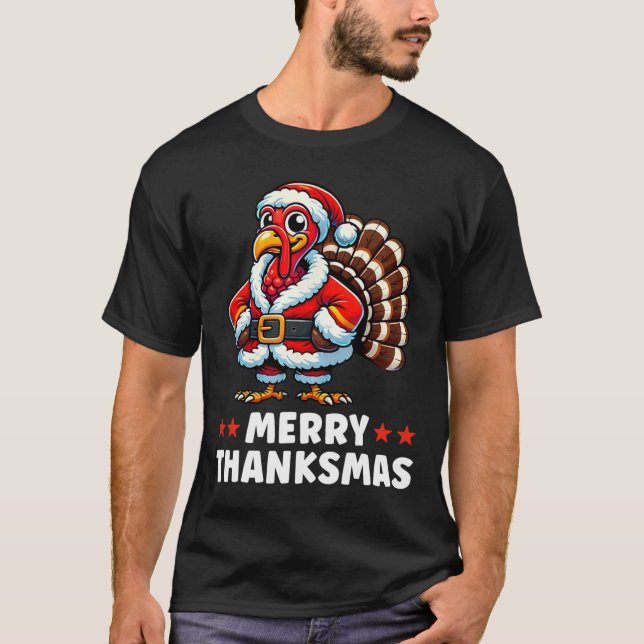 Merry Thanksmas Thanksgiving Turkey Xmas Funny  T-Shirt (Front)