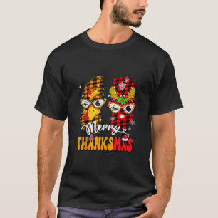 Merry Thanksmas Turkey Face Reindeer Face Glasses  T-Shirt