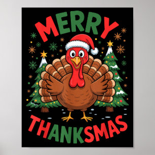 Merry Thanksmas Turkey Santa Hat Christmas Tree Fa Poster