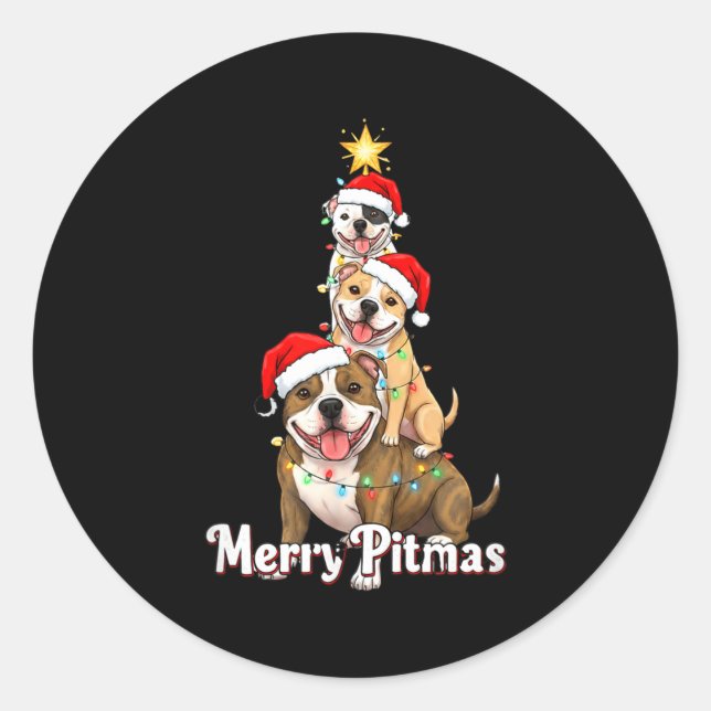 Merry Tmas Tbull Christmas Theme For Festive Dog L Classic Round Sticker (Front)