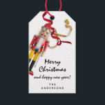 Merry To Holiday Gift Happy New Year Nutcracker Gift Tags<br><div class="desc">Contemporary personalised chic holiday gift tags decorated with a whimsy fabric ribbon and pinecone.
On the background,  you can write down to whom is dedicated to this tag.
florenceK design</div>