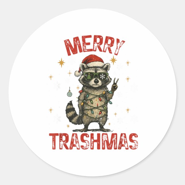 Merry Trashmas Raccoon Christmas Lights Funny Xmas Classic Round Sticker (Front)