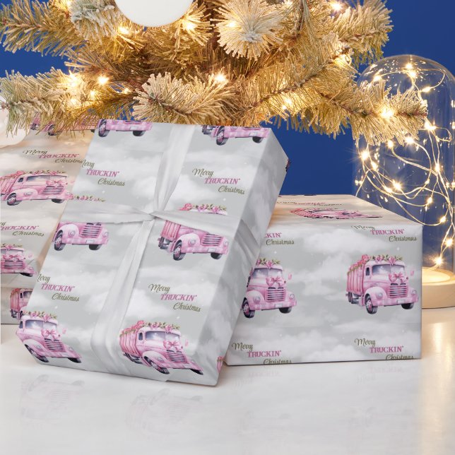 Merry Truckin' Christmas Pink Semi Wrapping Paper (Holidays)