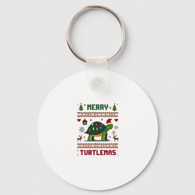 Merry Turtlemas Christmas Lights Cute Turtle Santa Key Ring (Front)
