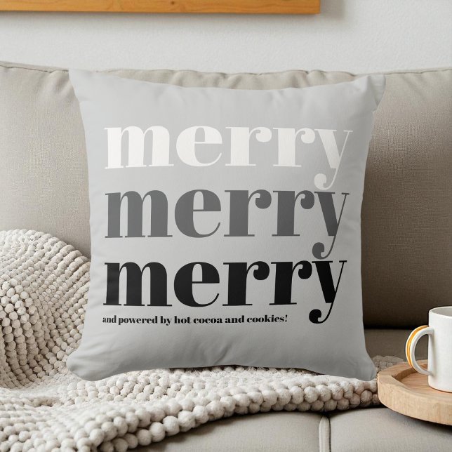 Merry Typography Grey Black White Fun Christmas Cushion (Merry Typography Gray Black White Fun Christmas Throw Pillow)