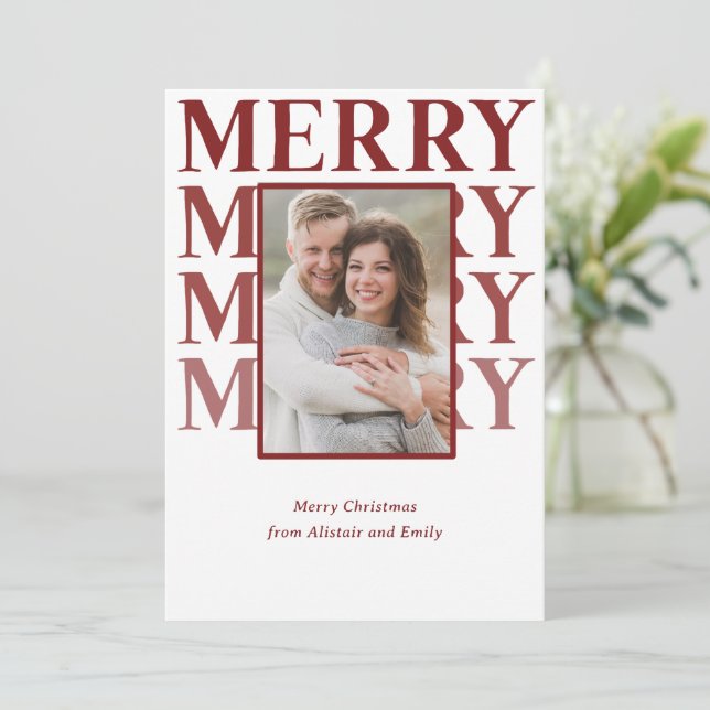 Merry Typography in Ruby Red Ombre Photo Holiday Card (Standing Front)