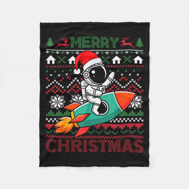 Merry Ugly Christmas Santa Hat Astronaut Riding Ro Fleece Blanket (Front)