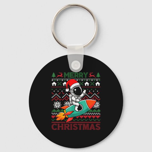 Merry Ugly Christmas Santa Hat Astronaut Riding Ro Key Ring (Front)