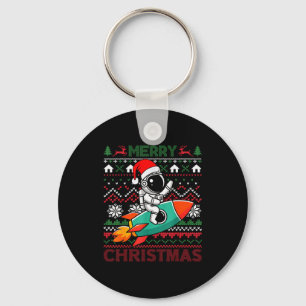 Merry Ugly Christmas Santa Hat Astronaut Riding Ro Key Ring