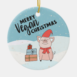 Merry Vegan Christmas cute cartoon piglet & gifts Ceramic Tree Decoration