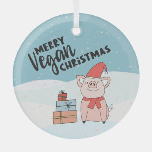 Merry Vegan Christmas cute cartoon piglet & gifts  Glass Tree Decoration
