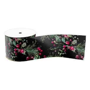 Merry very berry Christmas holly red watercolor Grosgrain Ribbon