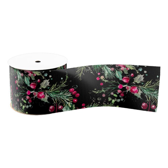 Merry very berry Christmas holly red watercolor Grosgrain Ribbon (Spool)