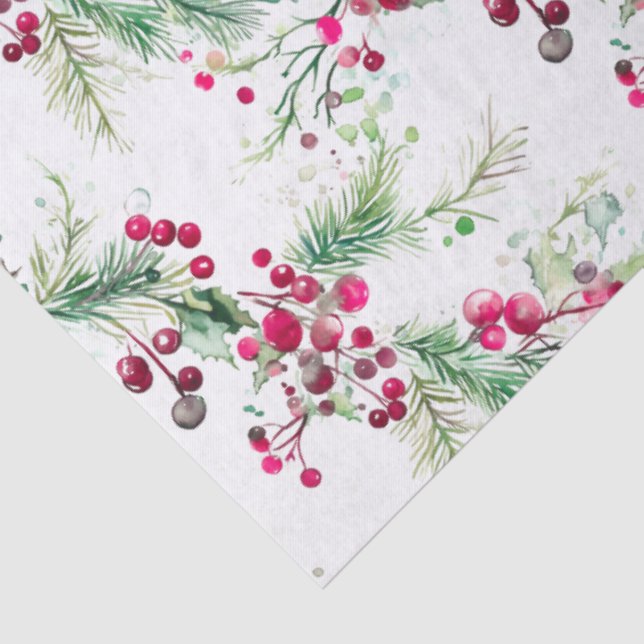 Merry very berry Christmas holly red watercolor Tissue Paper (Detail)