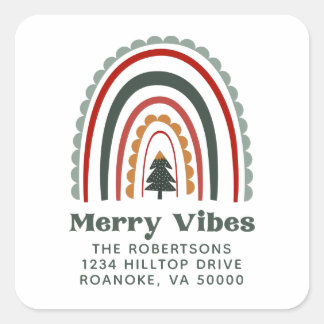 Merry Vibes Boho Rainbow Christmas Return Address Square Sticker