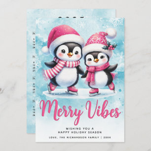 Merry Vibes Cute Penguins Blue Pink Christmas Holiday Card