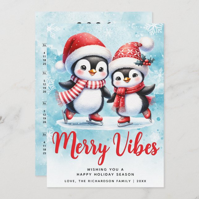 Merry Vibes Cute Penguins Blue Red Christmas Holiday Card (Front/Back)