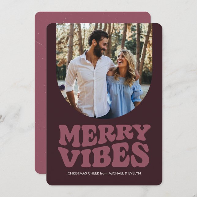 Merry vibes fun retro four photo Christmas Holiday Card (Front/Back)