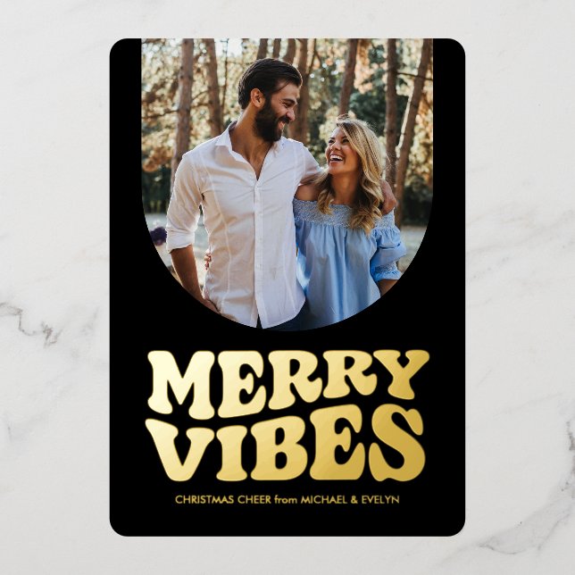 Merry vibes fun retro photo black gold Christmas (Front)