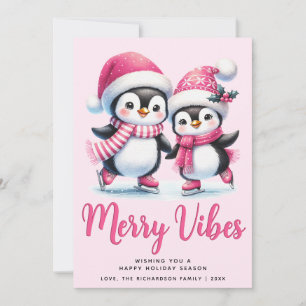 Merry Vibes Ice Skating Penguins Pink Christmas Holiday Card