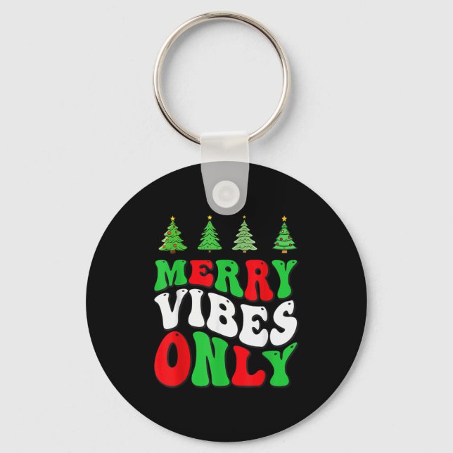 Merry Vibes Only! Christmas Groovy Xmas Tree Holid Key Ring (Front)
